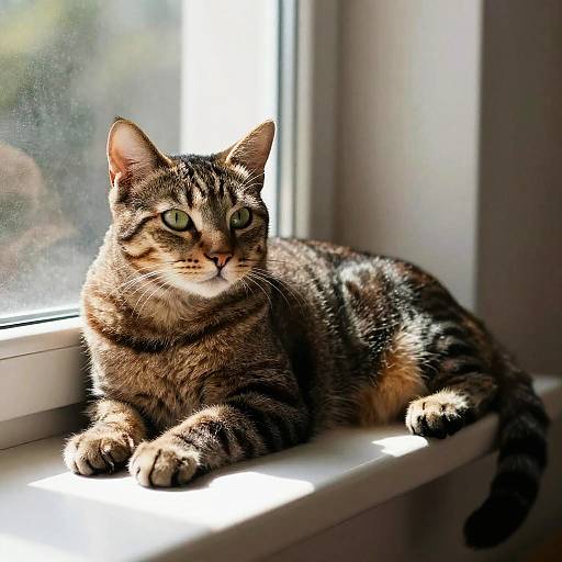 Photograph of a tabby cat with green eyes, striped fur, lying on a sunlit windowsill, gazing outside with a serene expression.