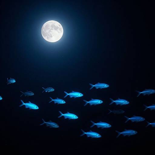 Photograph of a dark night sky with a bright full moon, illuminating a school of glowing blue fish swimming below.