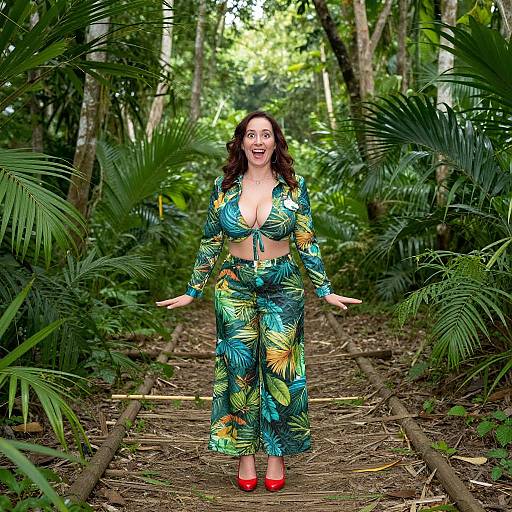 Photograph of a smiling woman with curly brown hair, wearing a vibrant tropical print crop top and skirt, red shoes, standing on a forest path surrounded
