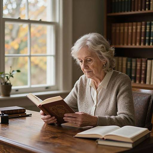 Photograph of an elderly woman with white hair, wearing a beige cardigan, reading a book in a sunlit library room.