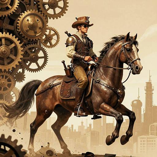 Digital illustration of a cowboy in brown gear riding a brown horse, surrounded by large, detailed gears, with a cityscape background.