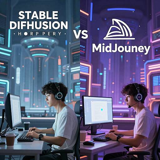 Photograph: Two curly-haired men in white t-shirts, wearing headphones, focus on laptops in neon-lit futuristic rooms. 