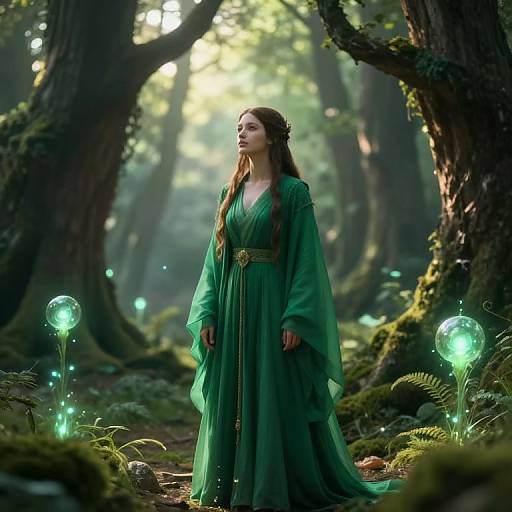 Photograph-like CGI of a fair-skinned woman in a flowing green dress, standing in a magical forest with glowing orbs and sunlight filtering through tall trees