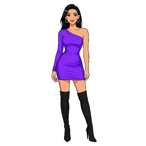Digital illustration of a confident woman with long black hair, wearing a purple one-shoulder dress, black thigh-high boots, and red lipstick, against