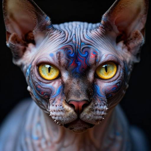 Hyper-realistic digital portrait of a cat with swirling blue and red patterns on its face, glowing yellow eyes, and sharp whiskers, set against a