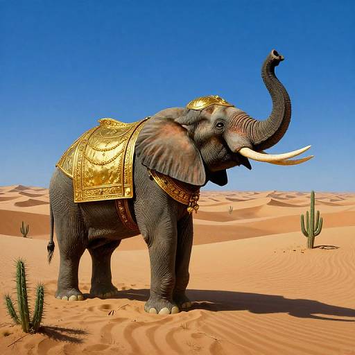 Digital illustration of a regal elephant with gold ornate saddle and headgear, standing in a vivid desert with cacti, under a clear blue
