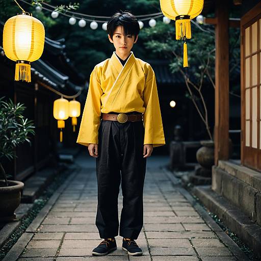 Boy in Traditional Yellow Kimono with Lanterns