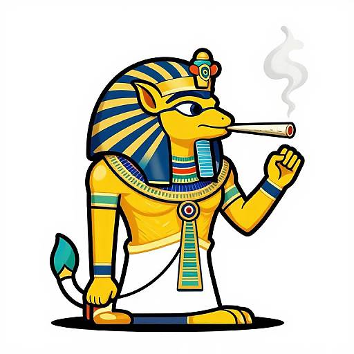 Digital cartoon of an anthropomorphic Anubis lion smoking a cigarette, wearing an Egyptian headdress and necklace, with colorful stripes and a blue tail.