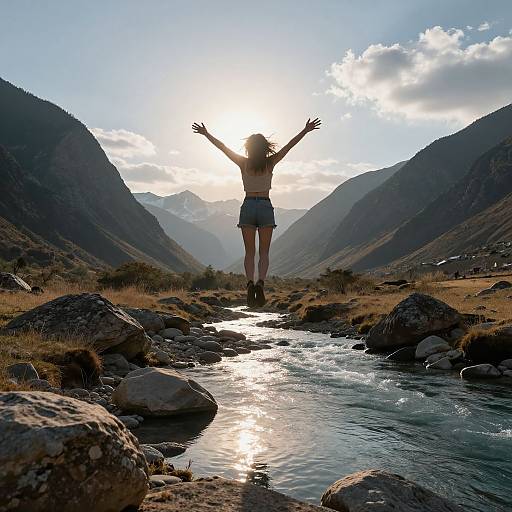Photograph of a woman with arms raised, wearing a white top and denim shorts, jumping over a rocky stream in a mountain valley at sunset.