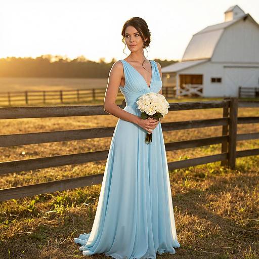 Photograph: Elegant woman with light brown hair in a blue, V-neck, sleeveless gown holding white roses, standing in a sunlit, rural