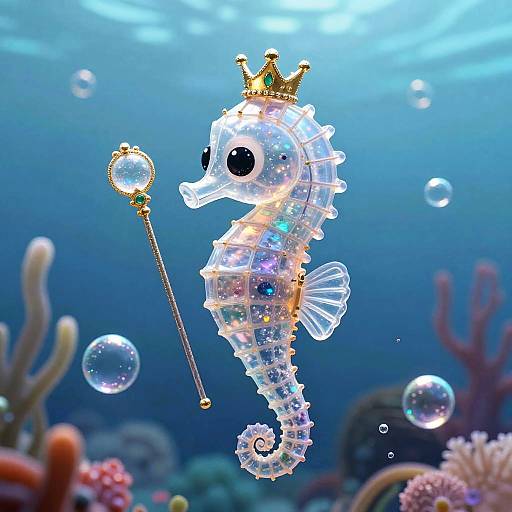Photograph of a glowing, iridescent seahorse with a golden crown and jeweled staff, surrounded by bubbles in a vibrant underwater coral reef