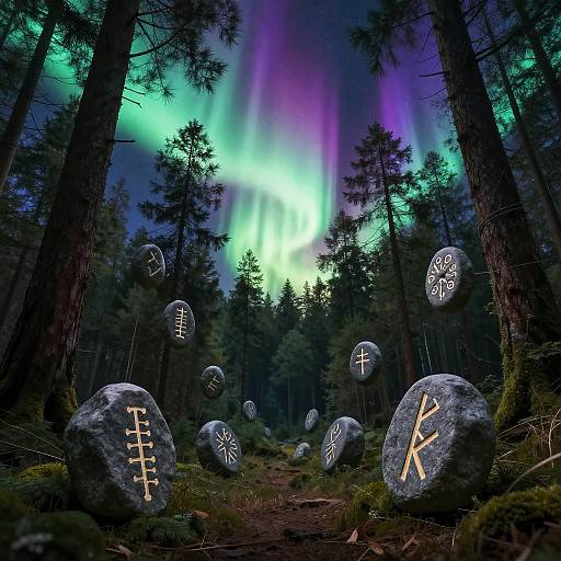 Levitation of Rune Stones Under Aurora in Forest