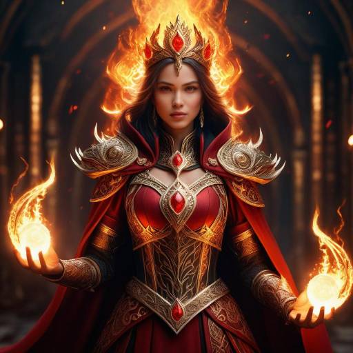 Confident Sorceress with Flaming Orbs