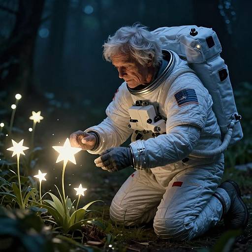 Elderly Astronaut with Glowing Star Flowers