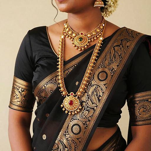 Elegant Black Paithani with Gold Jewelry
