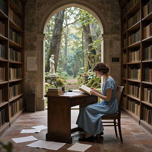 Photograph of a woman in a blue dress, reading in a library with wooden shelves, under an archway to a forest garden.
