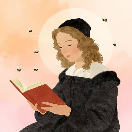 Illustration of a fair-skinned woman with curly brown hair, wearing a black beret and fur-trimmed cloak, reading a red book,