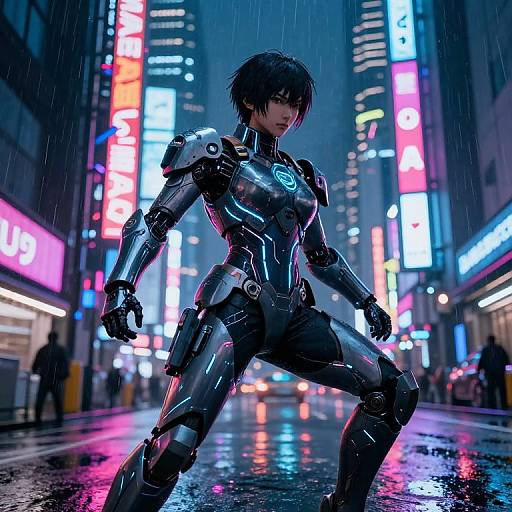 CGI image of a cyberpunk female warrior in a wet, neon-lit city street, wearing a sleek, black, glowing armored suit, posing