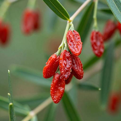 Close-up photograph of vibrant red, dew-covered dates hanging from a green branch with blurred green leaves in the background.