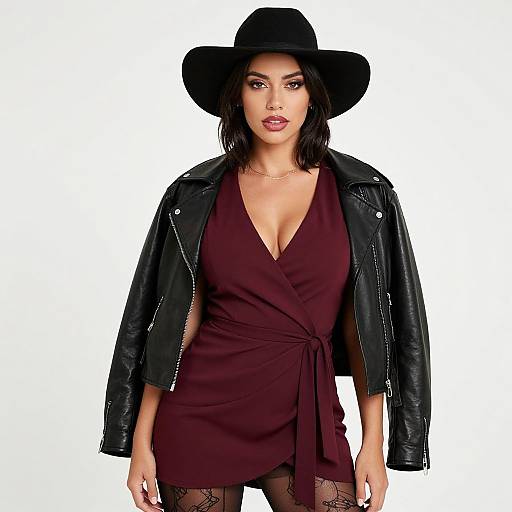 Photograph of a confident woman with fair skin, dark hair, and red lipstick, wearing a black wide-brim hat, deep burgundy wrap dress