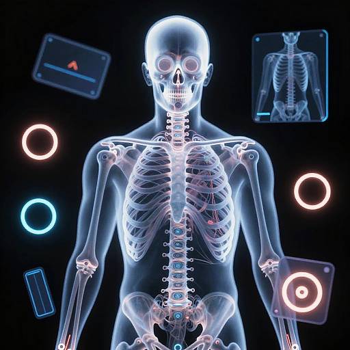 Digital CGI of a glowing, transparent human skeleton with colorful circular holograms and skeletal overlays against a black background.