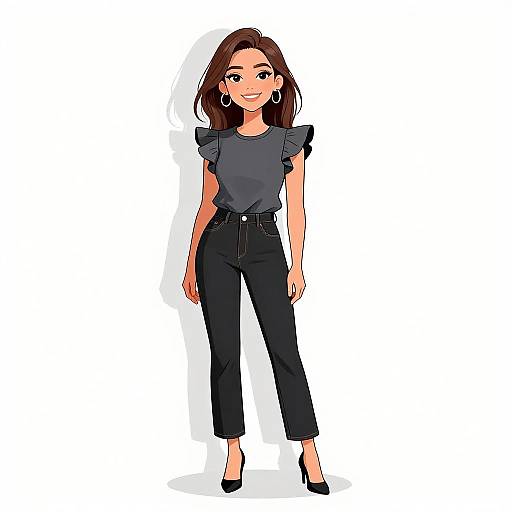 Digital illustration of a smiling young woman with long brown hair, wearing a black ruffled top, high-waisted black pants, and black heels.