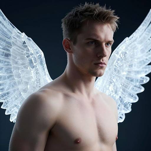 Photograph of a shirtless, muscular, fair-skinned man with short blonde hair and glowing white angel wings against a dark background.