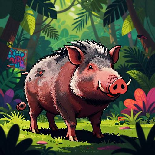 Neon Hawaiian Boar in Vibrant Jungle