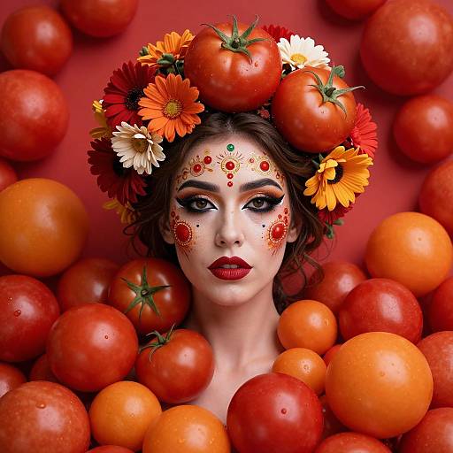 Photograph of a woman with white face paint, red lipstick, and flower and tomato headpiece, surrounded by vibrant red and orange tomatoes against a red