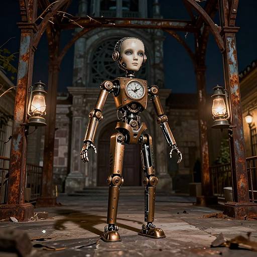 Photograph of a metallic, clock-faced robot with glowing eyes, standing between two lanterns in a dimly lit, Gothic-style, abandoned courtyard.