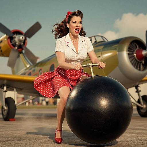 Vintage-style photograph of a smiling, fair-skinned woman with red polka dot dress, white blouse, and red bow, riding a large black ball