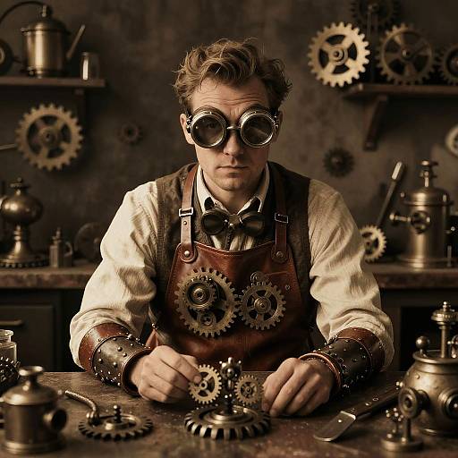 Steampunk man with round goggles, brown leather apron, and white shirt, working on gears in a dimly lit, industrial workshop.