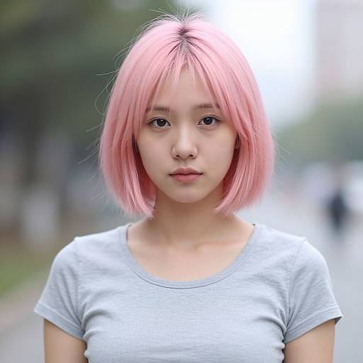 Photograph of an Asian woman with straight, pastel pink bob haircut, wearing a light gray t-shirt, standing outdoors on a blurred city street.
