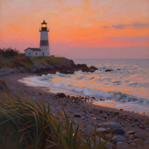 Photograph of a sunset-lit lighthouse on a rocky shore, waves crashing, orange and pink sky, grassy foreground, serene ocean view.