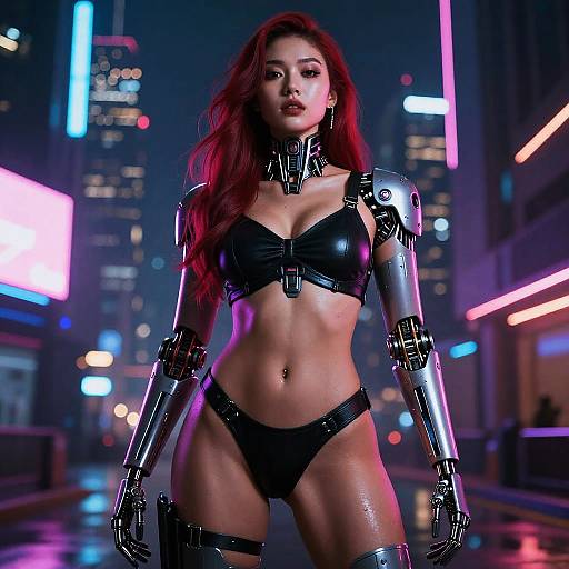 Cyberpunk scene: Asian woman with long red hair, leather black bikini, and metallic robotic arms, standing confidently in neon-lit city street at