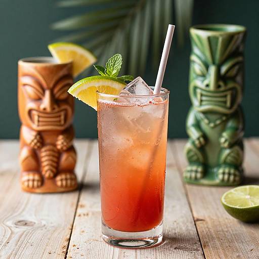 Photograph of a tropical drink with ice, lime wedge, mint, and straw, in front of wooden table with wooden masks.