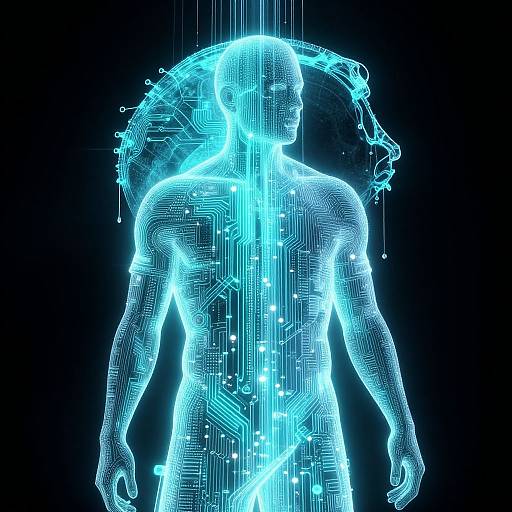 Digital CGI image of a glowing, neon blue, wireframe human silhouette with intricate circuit patterns, standing against a black background.