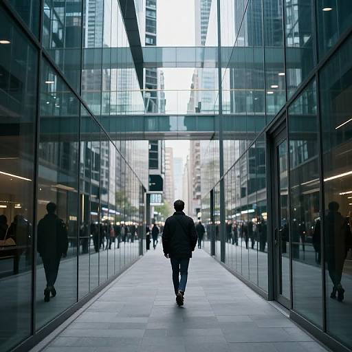 Photograph of a solitary man in dark clothes walking down a glass-walled urban corridor, flanked by reflections of other pedestrians. Tall buildings and bright