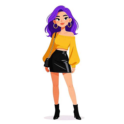 Digital illustration of a stylish woman with purple hair, wearing a yellow off-shoulder sweater, black leather skirt, black ankle boots, and large hoop