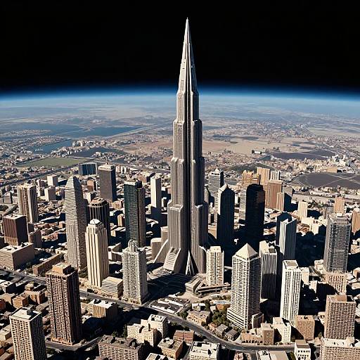 Photograph of Chicago skyline from space, featuring Willis Tower with twin spires, surrounded by densely packed skyscrapers, under a clear blue horizon.