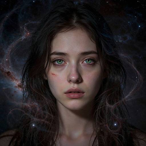 Photorealistic digital portrait of a young woman with green eyes, long dark hair, slight bruise on cheek, set against a cosmic, star-filled