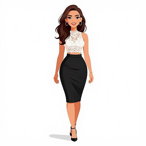 Digital illustration of a confident woman with long brown hair, wearing a white lace sleeveless top and black high-waist pencil skirt, black heels,
