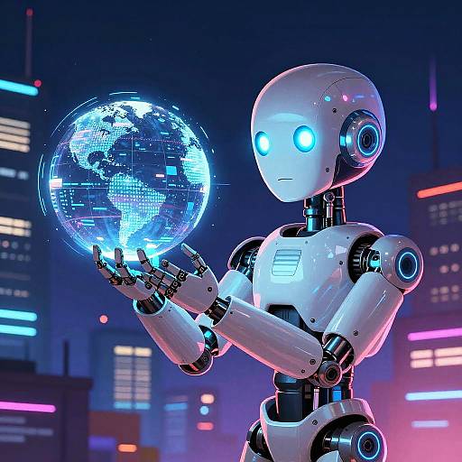 CGI image of a glowing white robot with blue eyes holding a digital, neon-blue Earth in a futuristic cityscape.