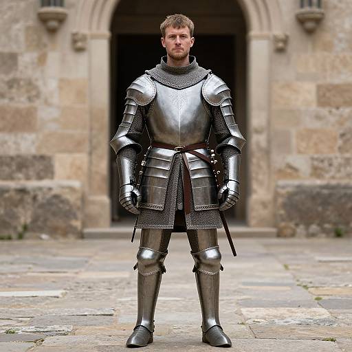 Photograph of a blond, bearded man in full medieval silver armor standing before a stone castle archway, with a blurred background.