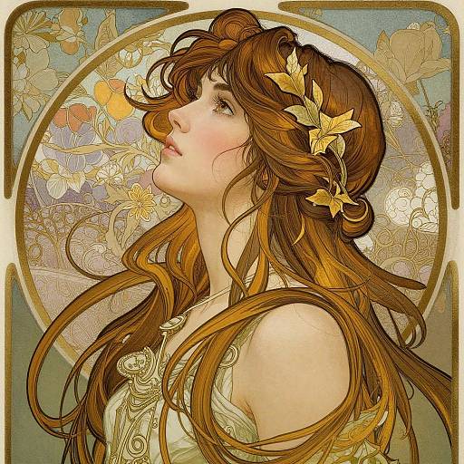 Digital artwork of a fair-skinned woman with wavy auburn hair, adorned with a golden leaf crown, gazing upward. Floral background with
