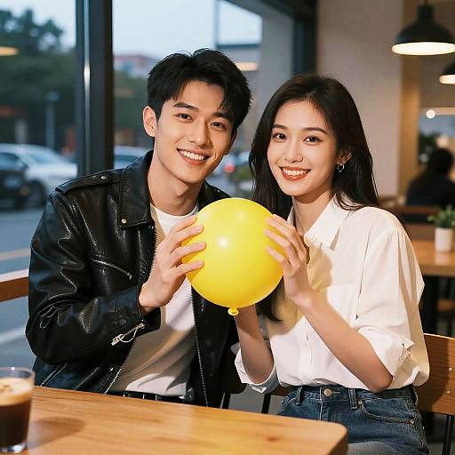 Photograph of smiling Asian couple holding yellow balloon in cozy café, man in black leather jacket, woman in white blouse and jeans.