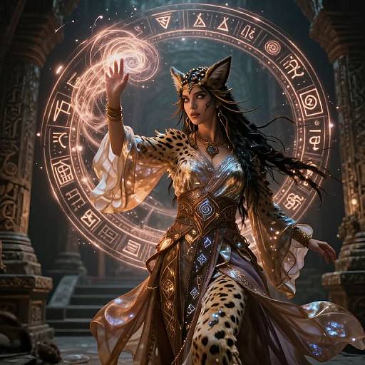 Digital artwork of a mystical, cat-eared woman in a leopard-print robe, casting a glowing spell in a dark, ancient temple.