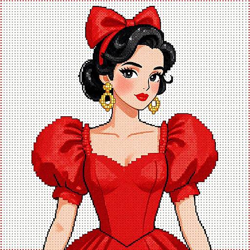 Digital pixel art of a fair-skinned woman with black hair, red dress, puffed sleeves, gold earrings, and red bow, smiling.