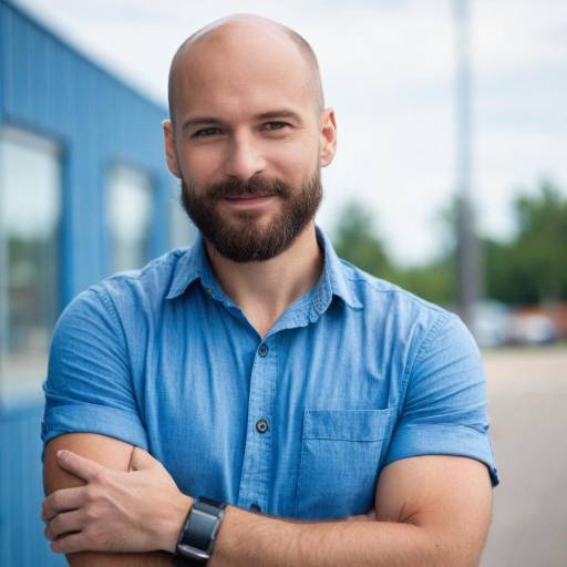 Confident Bald Man in Blue Shirt
