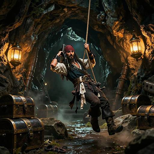 Digital artwork of a pirate with red bandana, black vest, and white sleeves, swinging a rope in a dimly lit cave, surrounded by lantern